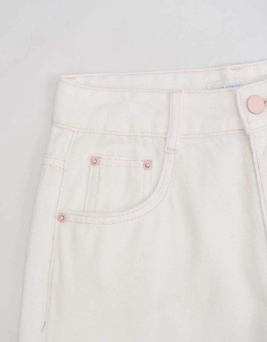 後口袋蝴蝶結刺繡斜紋直筒長褲