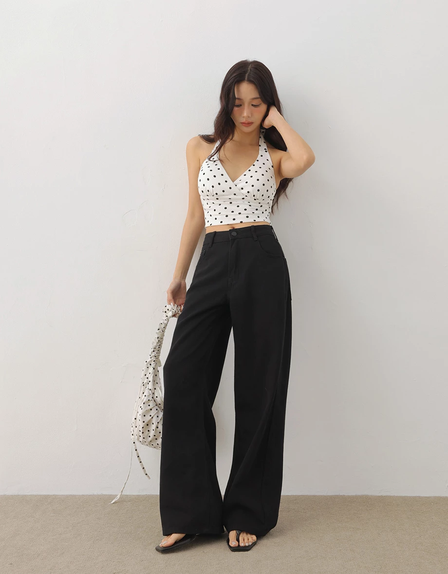 後口袋蝴蝶結刺繡斜紋直筒長褲