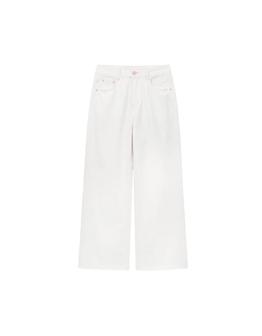 後口袋蝴蝶結刺繡斜紋直筒長褲