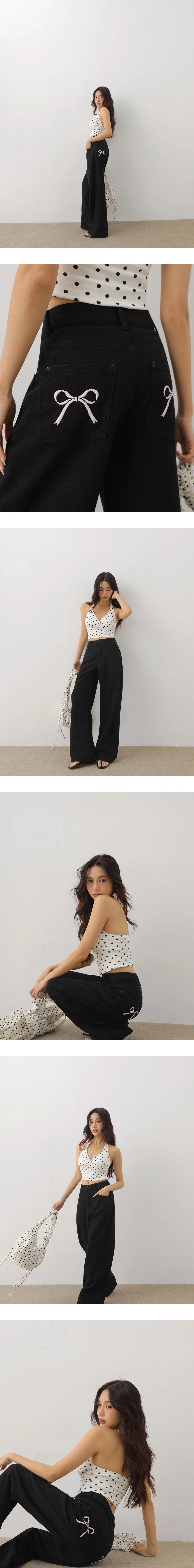 後口袋蝴蝶結刺繡斜紋直筒長褲
