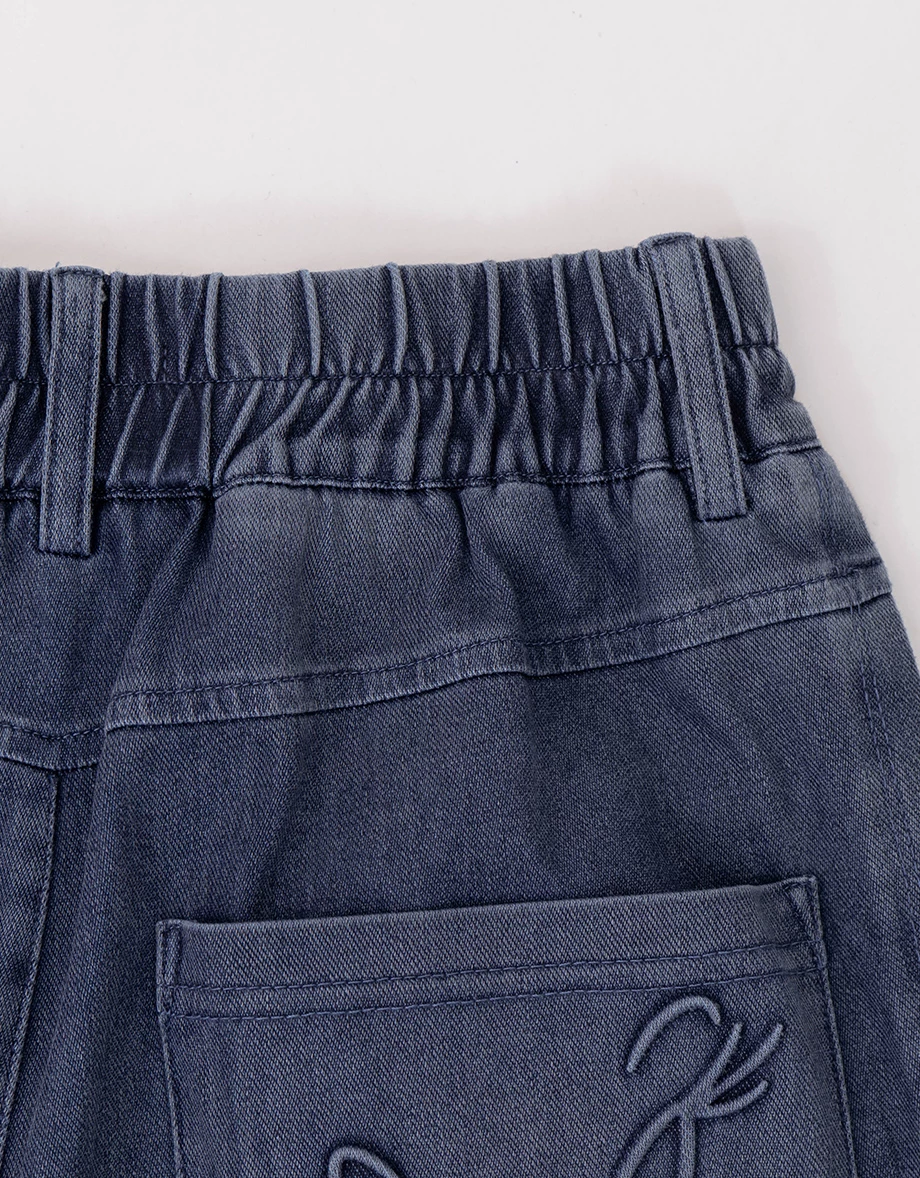 【樂一通】 立體印花前剪接車線腰鬆緊輕薄牛仔寬褲 【樂一通】 立體印花前剪接車線腰鬆緊輕薄牛仔寬褲