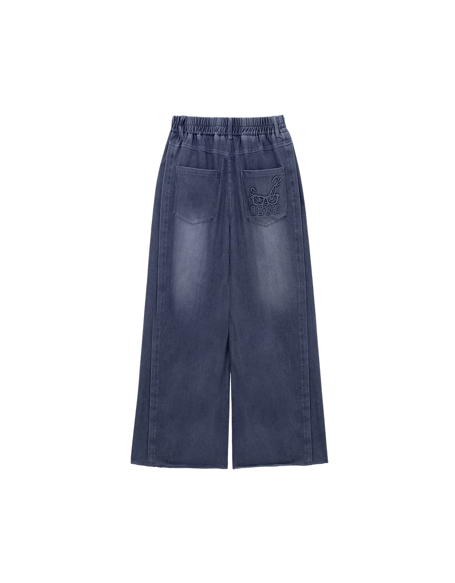 【樂一通】 立體印花前剪接車線腰鬆緊輕薄牛仔寬褲 【樂一通】 立體印花前剪接車線腰鬆緊輕薄牛仔寬褲