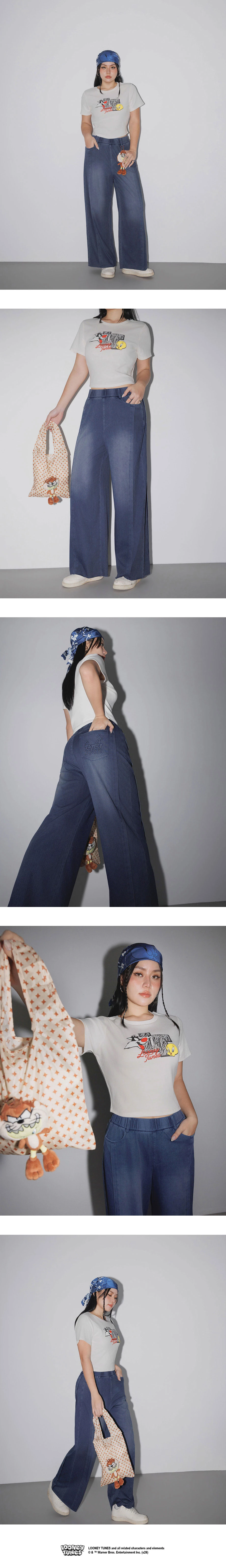 【樂一通】 立體印花前剪接車線腰鬆緊輕薄牛仔寬褲 【樂一通】 立體印花前剪接車線腰鬆緊輕薄牛仔寬褲