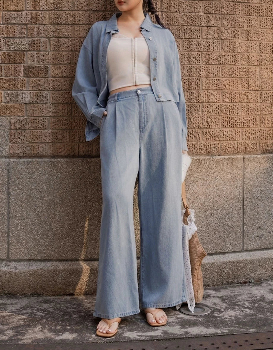 【2.0 SKIN 親膚天絲丹寧】打褶直筒落地長褲