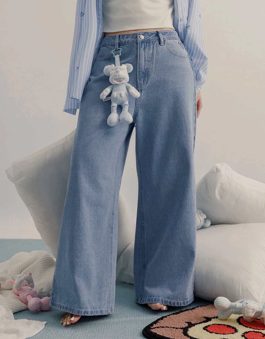 DISNEY MICKEY MOUSE - Mid-Rise Washed Wide-Leg Denim Pants with Back Pocket Embroidery