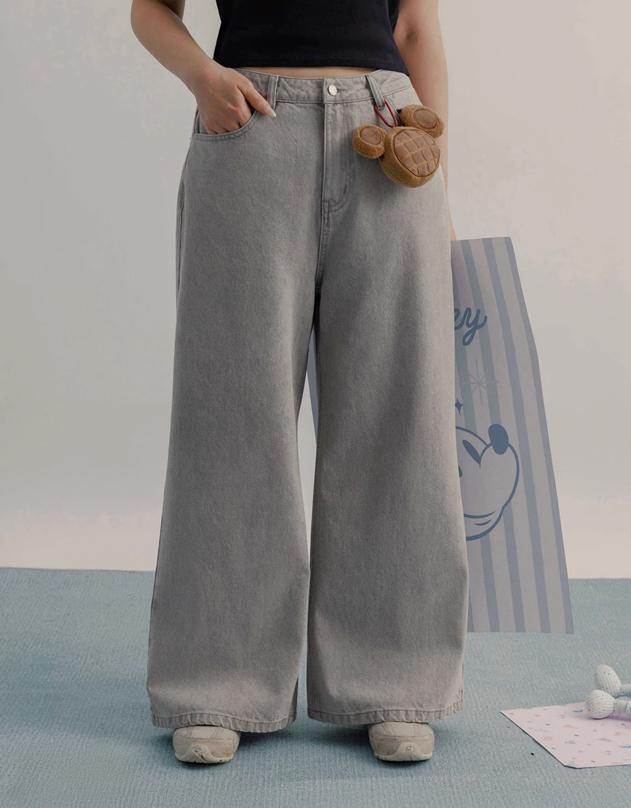 DISNEY MICKEY MOUSE - Mid-Rise Washed Wide-Leg Denim Pants with Back Pocket Embroidery