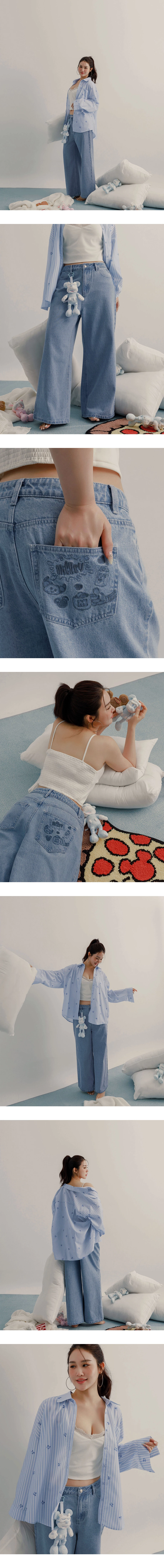 DISNEY MICKEY MOUSE - Mid-Rise Washed Wide-Leg Denim Pants with Back Pocket Embroidery DISNEY MICKEY MOUSE - Mid-Rise Washed Wide-Leg Denim Pants with Back Pocket Embroidery