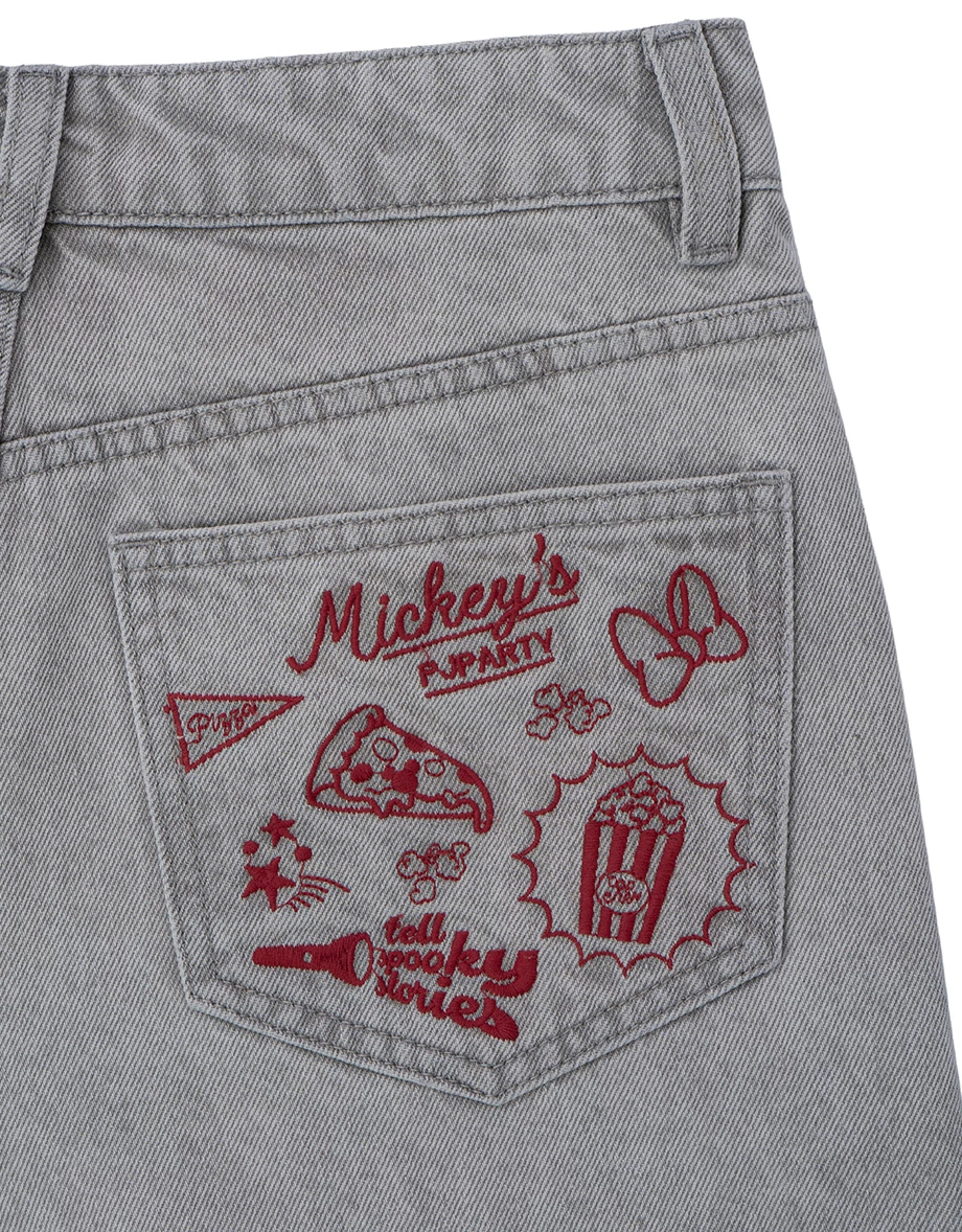 DISNEY MICKEY MOUSE - Mid-Rise Washed Wide-Leg Denim Pants with Back Pocket Embroidery