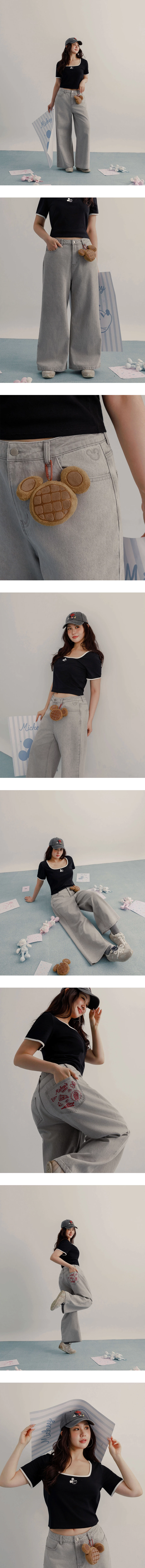 DISNEY MICKEY MOUSE - Mid-Rise Washed Wide-Leg Denim Pants with Back Pocket Embroidery DISNEY MICKEY MOUSE - Mid-Rise Washed Wide-Leg Denim Pants with Back Pocket Embroidery