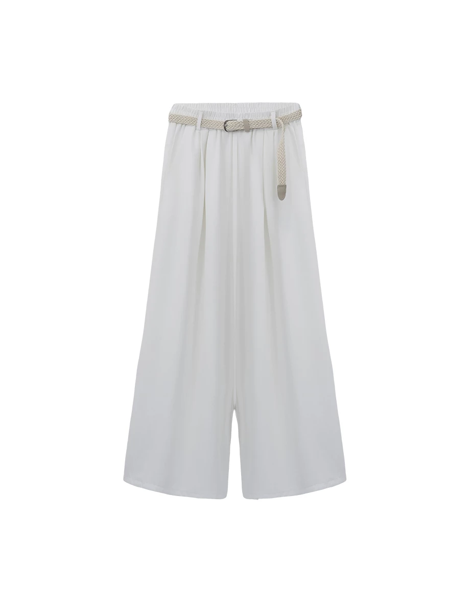 Elastic High Waist Pleated Wide Leg Pants (with Belt)