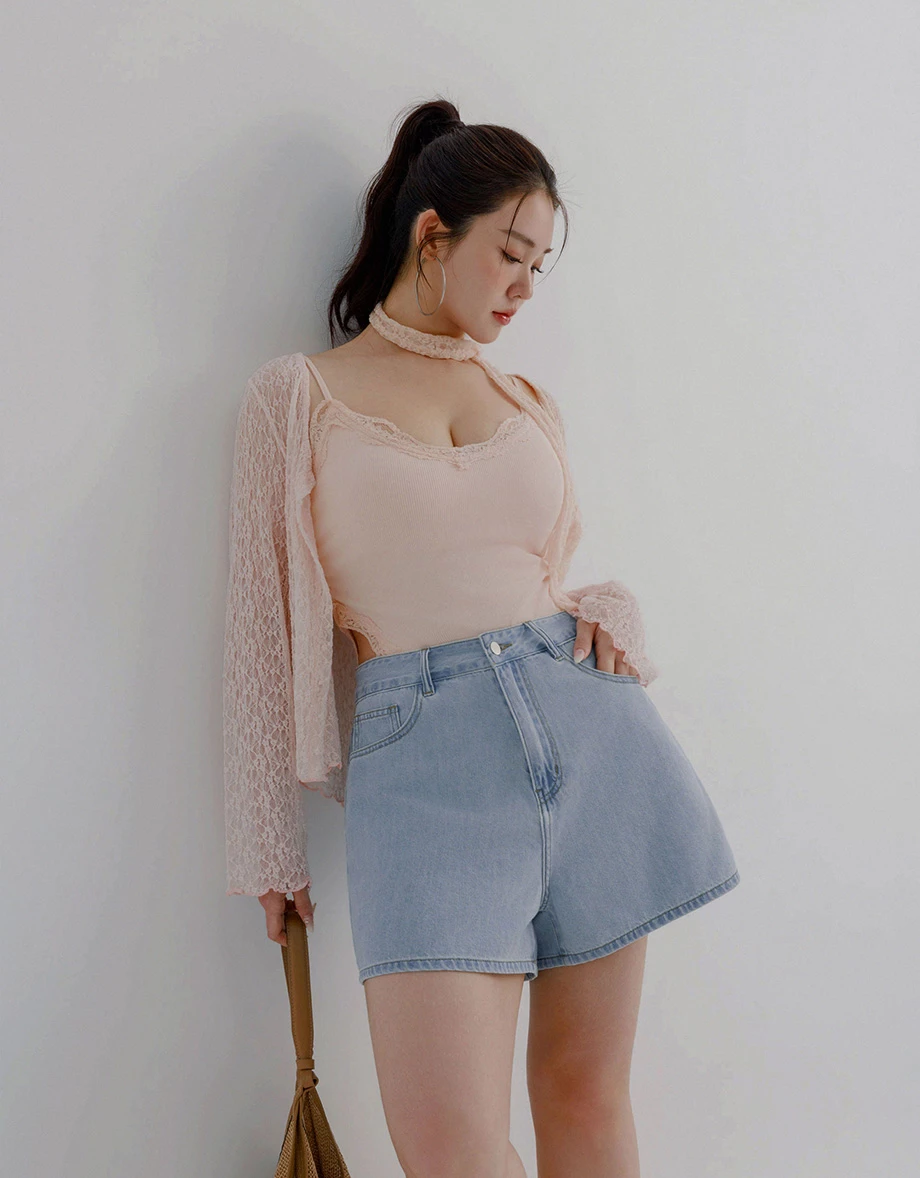 High Waist Vintage Wash A Line Jeans Denim Shorts