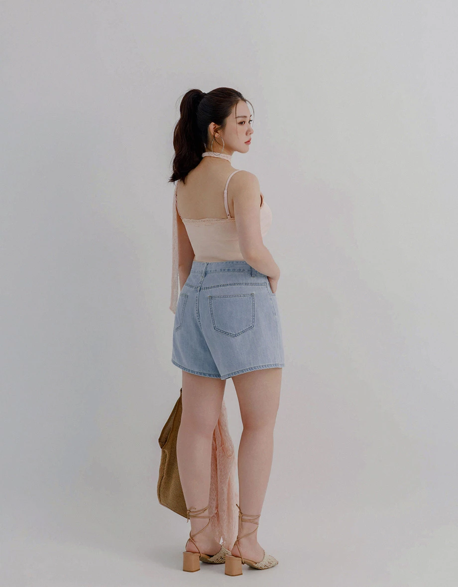 High Waist Vintage Wash A Line Jeans Denim Shorts