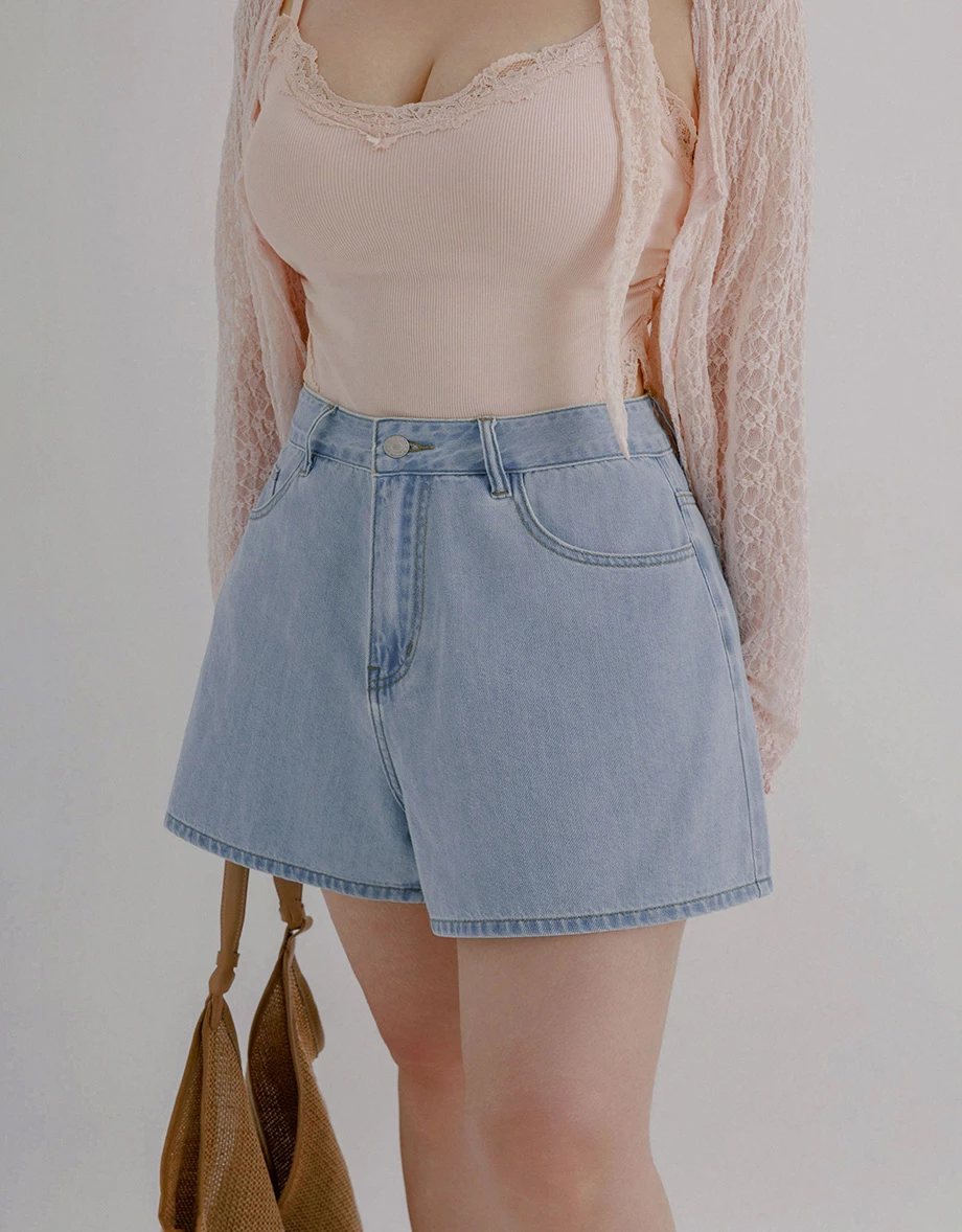 High Waist Vintage Wash A Line Jeans Denim Shorts