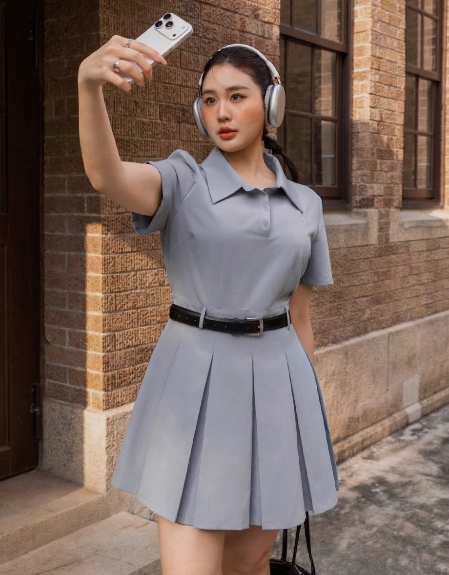 愛心LOGO刺繡翻領排扣半開襟短袖百褶短洋裝(附腰帶)