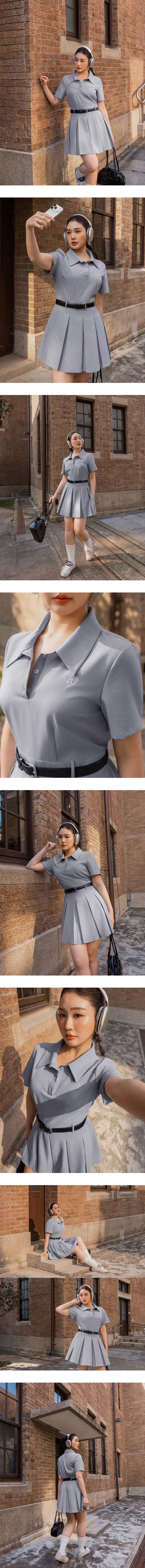 愛心LOGO刺繡翻領排扣半開襟短袖百褶短洋裝(附腰帶)