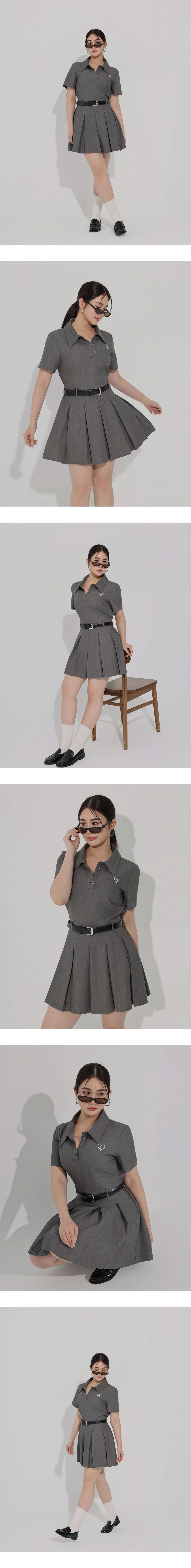 愛心LOGO刺繡翻領排扣半開襟短袖百褶短洋裝(附腰帶)