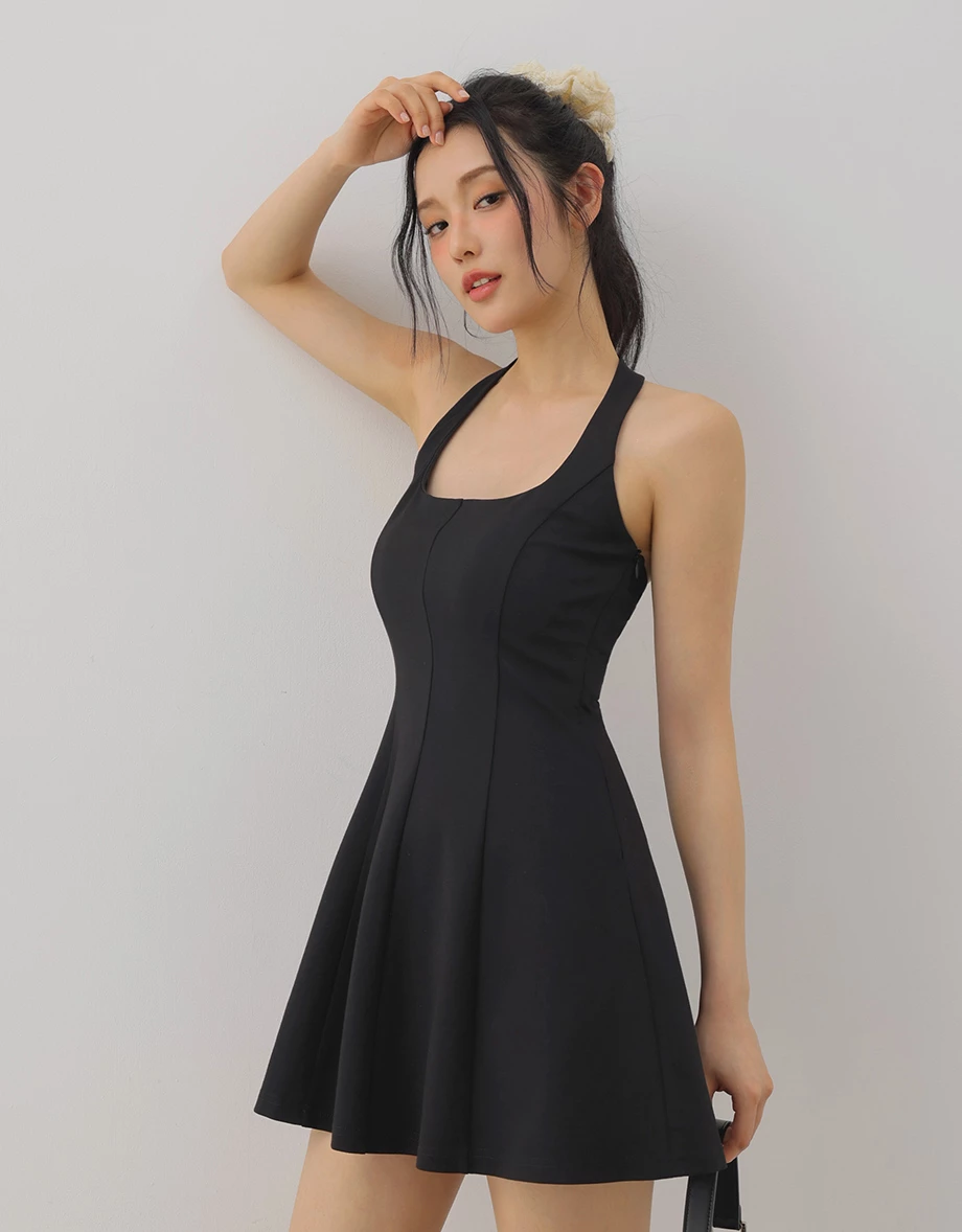 AIRY HOURGLASS Cooling Fabric Halter Square Neck Open Back Padded Mini Dress