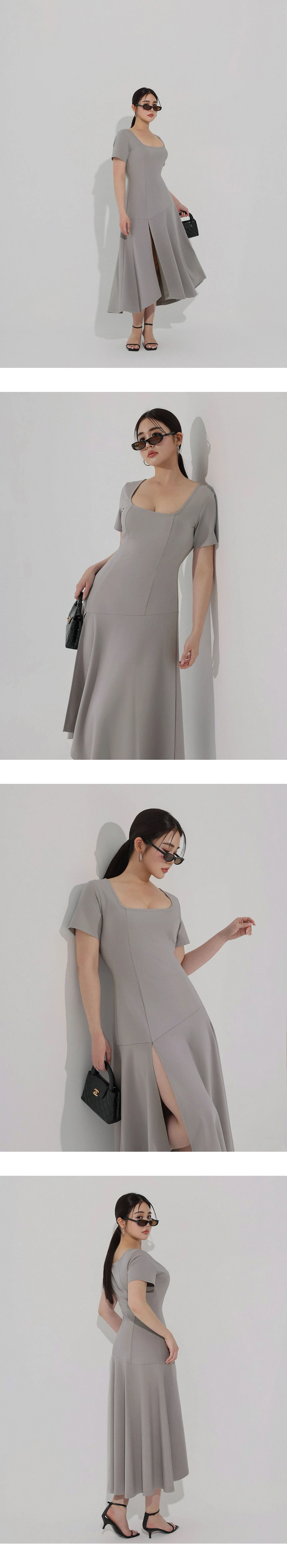 純欲曲線涼感BRA方領魚尾開衩短袖長洋裝