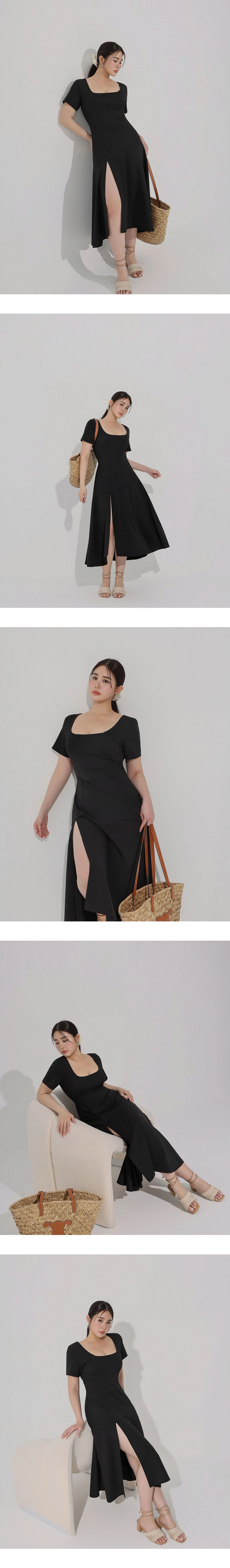 純欲曲線涼感BRA方領魚尾開衩短袖長洋裝