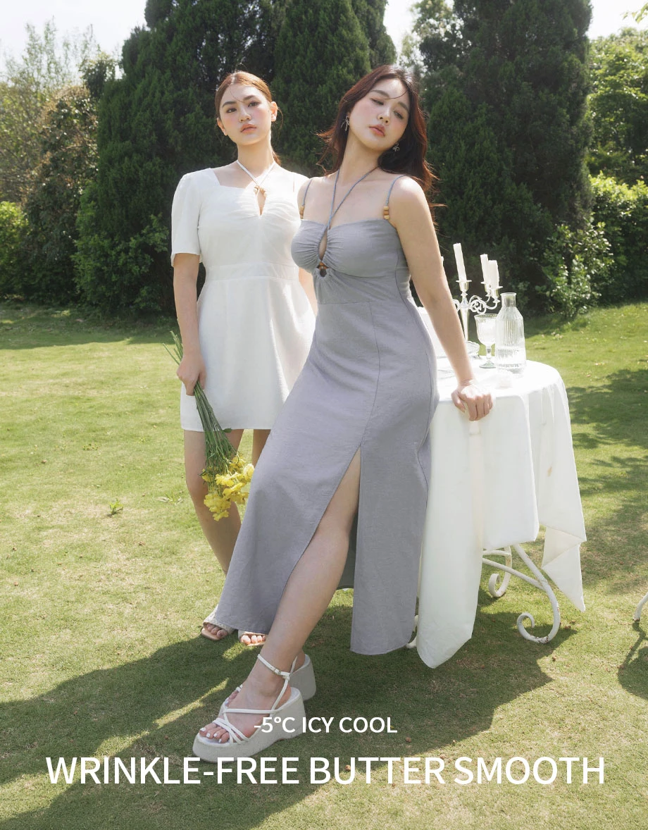 Cooling Fabric Wooden Bead Halter Neck Ruched Bust Cutout High Slit Hem Padded Maxi Dress
