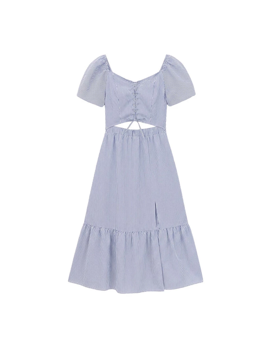 桃心領交叉綁帶腰鏤空澎袖條紋蛋糕短洋裝