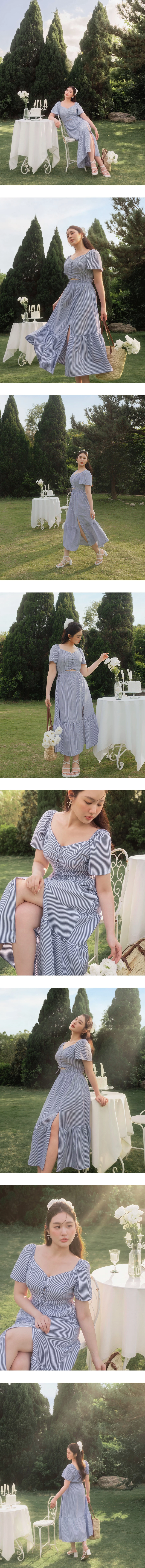 桃心領交叉綁帶腰鏤空澎袖條紋蛋糕短洋裝