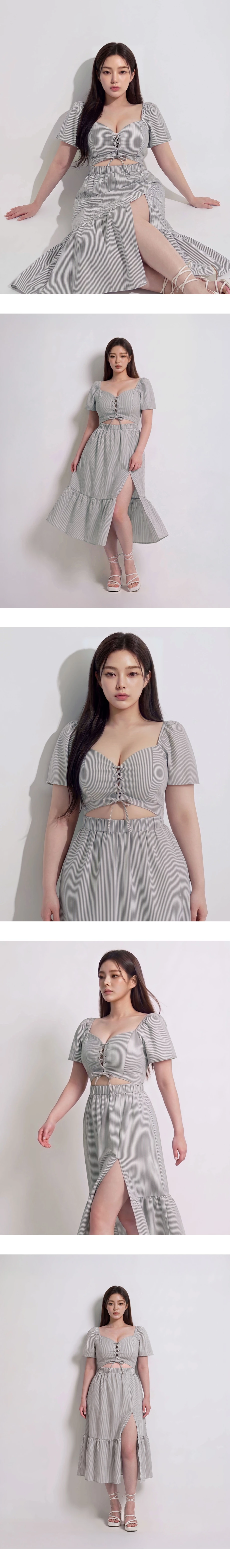 桃心領交叉綁帶腰鏤空澎袖條紋蛋糕短洋裝