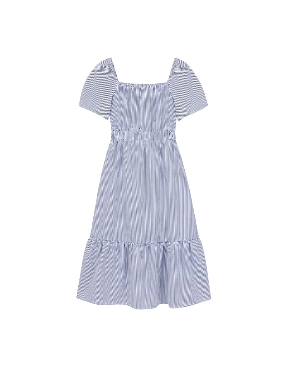 桃心領交叉綁帶腰鏤空澎袖條紋蛋糕短洋裝