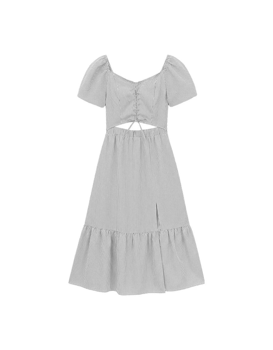 桃心領交叉綁帶腰鏤空澎袖條紋蛋糕短洋裝