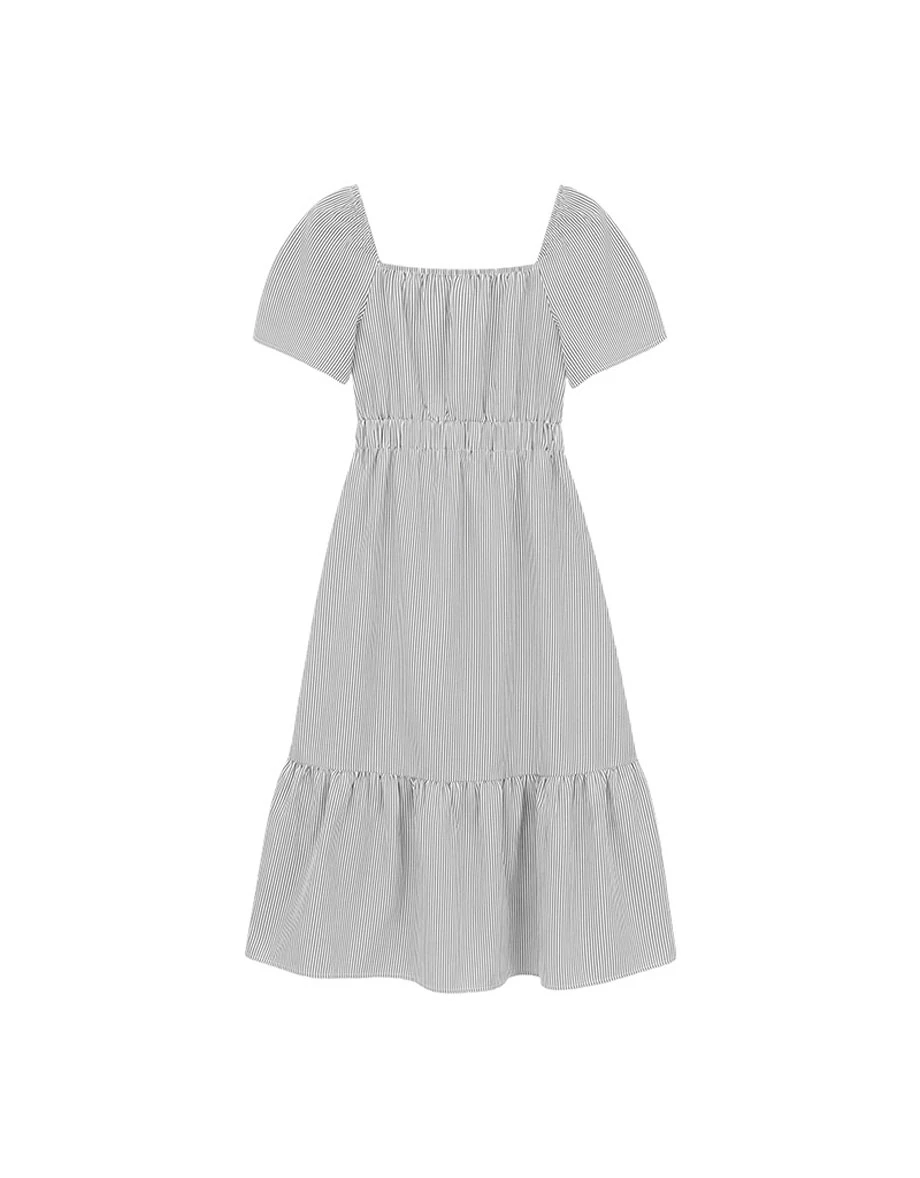 桃心領交叉綁帶腰鏤空澎袖條紋蛋糕短洋裝