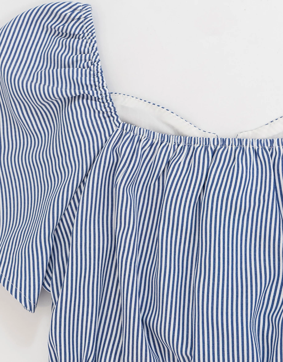 桃心領交叉綁帶腰鏤空澎袖條紋蛋糕短洋裝