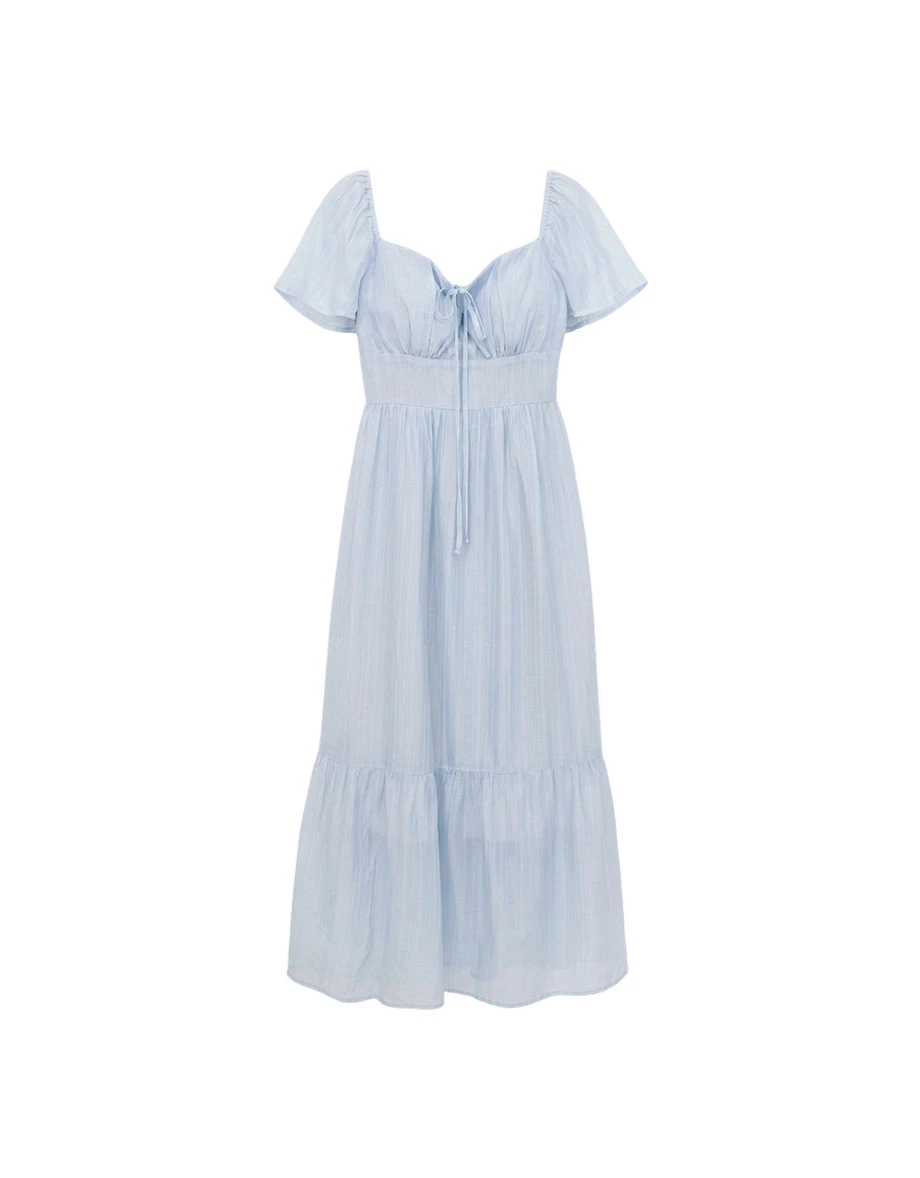 Cross Halter Tie Puff Sleeve Padded Tiered Maxi Dress