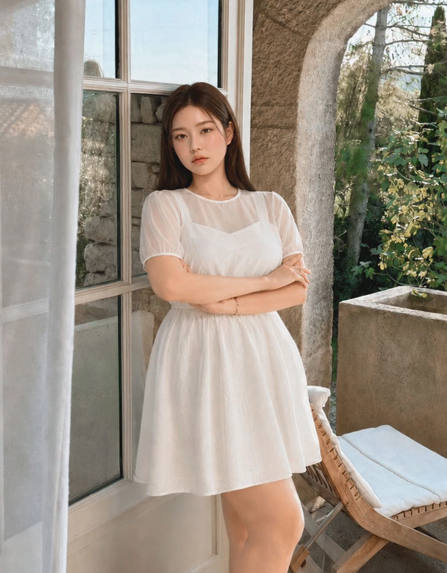 假兩件圓領澎袖寬肩帶傘擺短洋裝