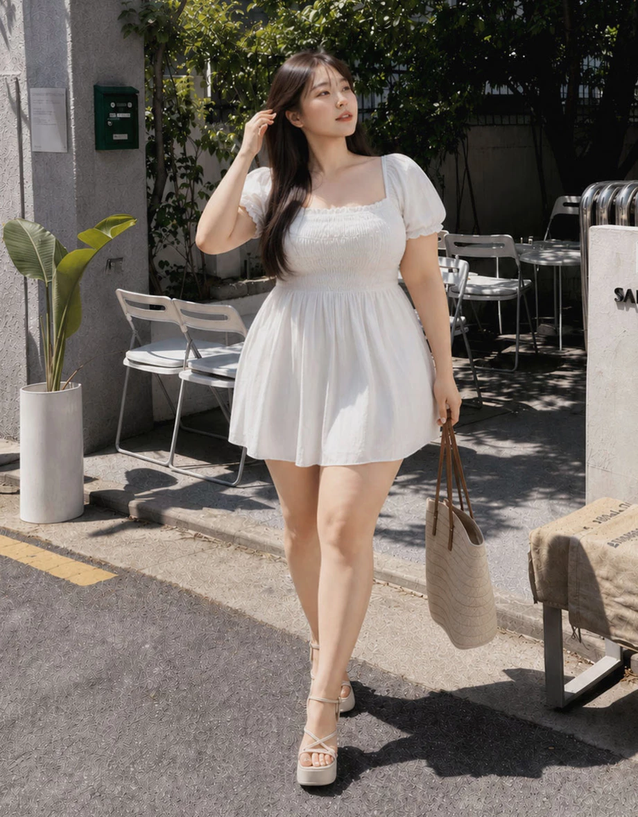 法式方領蕾絲縮褶澎袖傘擺短洋裝