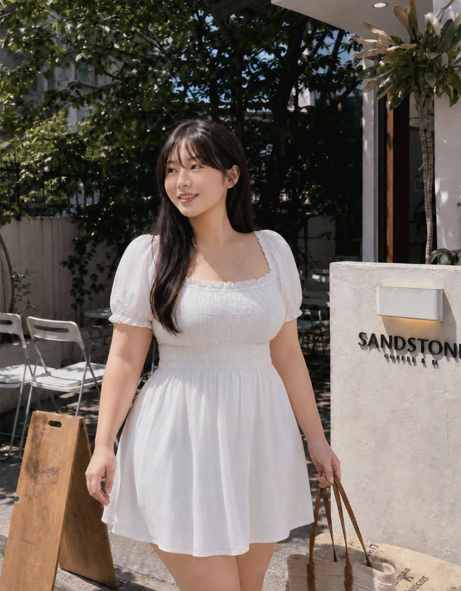 法式方領蕾絲縮褶澎袖傘擺短洋裝 法式方領蕾絲縮褶澎袖傘擺短洋裝