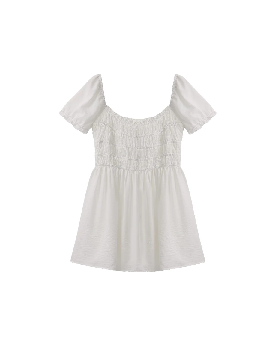 Square Neck Smocked Bodice Ruched Puff Sleeve Mini Dress
