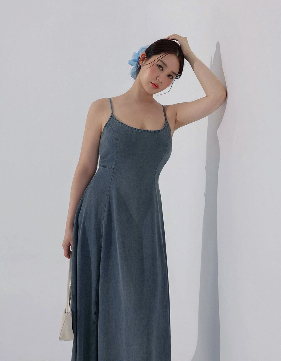 Cooling Fabric Spaghetti Strap Denim A Line Maxi Dress Cooling Fabric Spaghetti Strap Denim A Line Maxi Dress