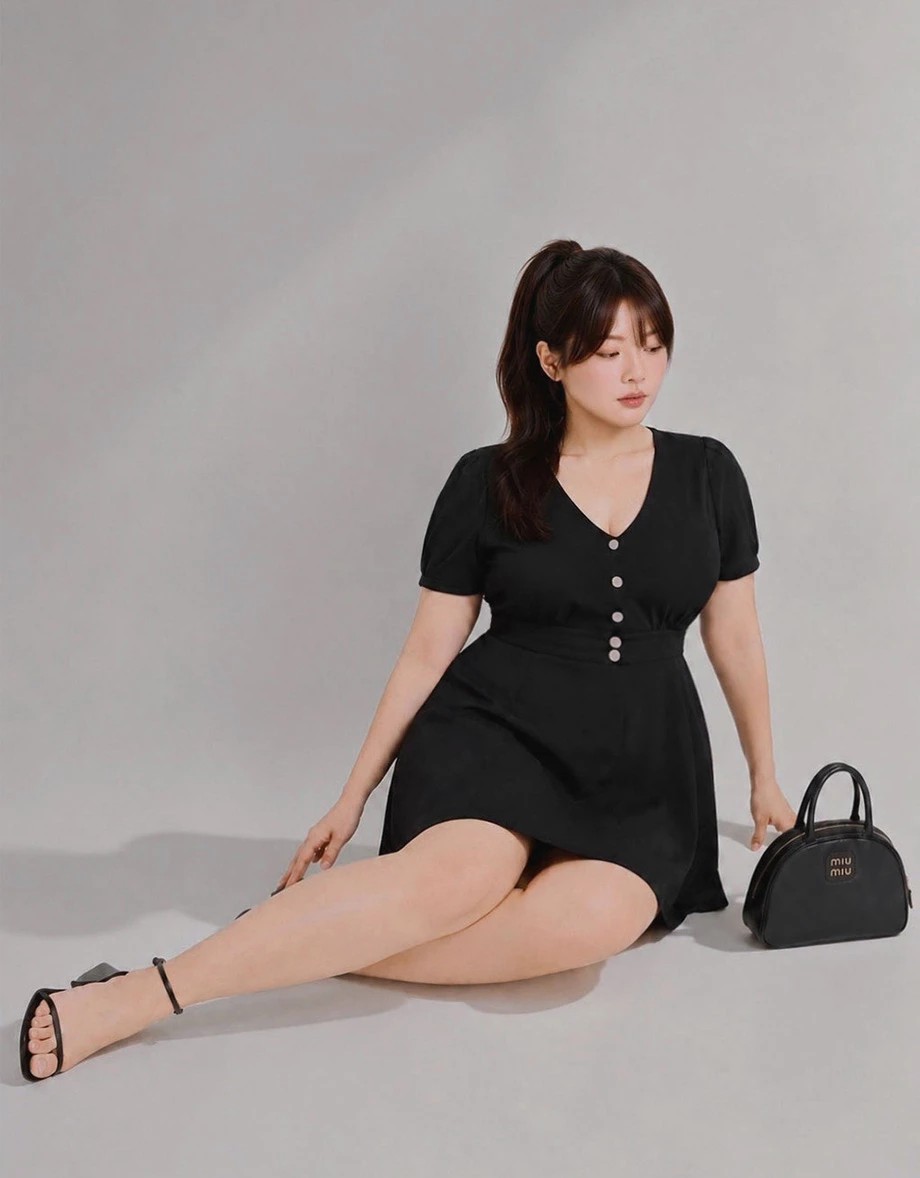 V領金屬扣抓皺收腰澎袖短洋裝 V領金屬扣抓皺收腰澎袖短洋裝