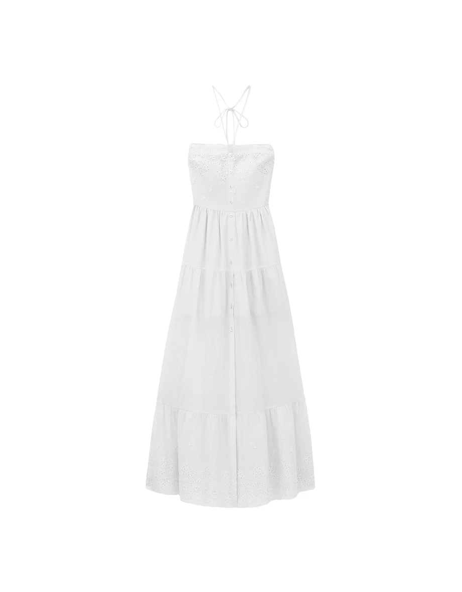 Multi Way Embroidered Eyelet Padded Tiered Maxi Dress