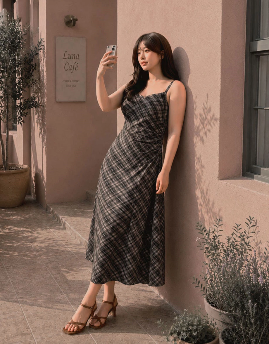 Spaghetti Straps  Plaid Print Side Ruched Cami Maxi Dress