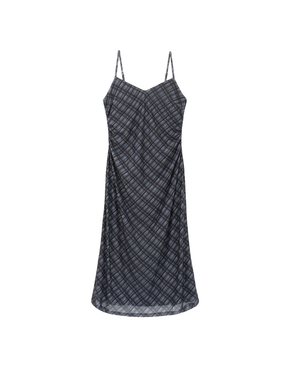 Spaghetti Straps  Plaid Print Side Ruched Cami Maxi Dress