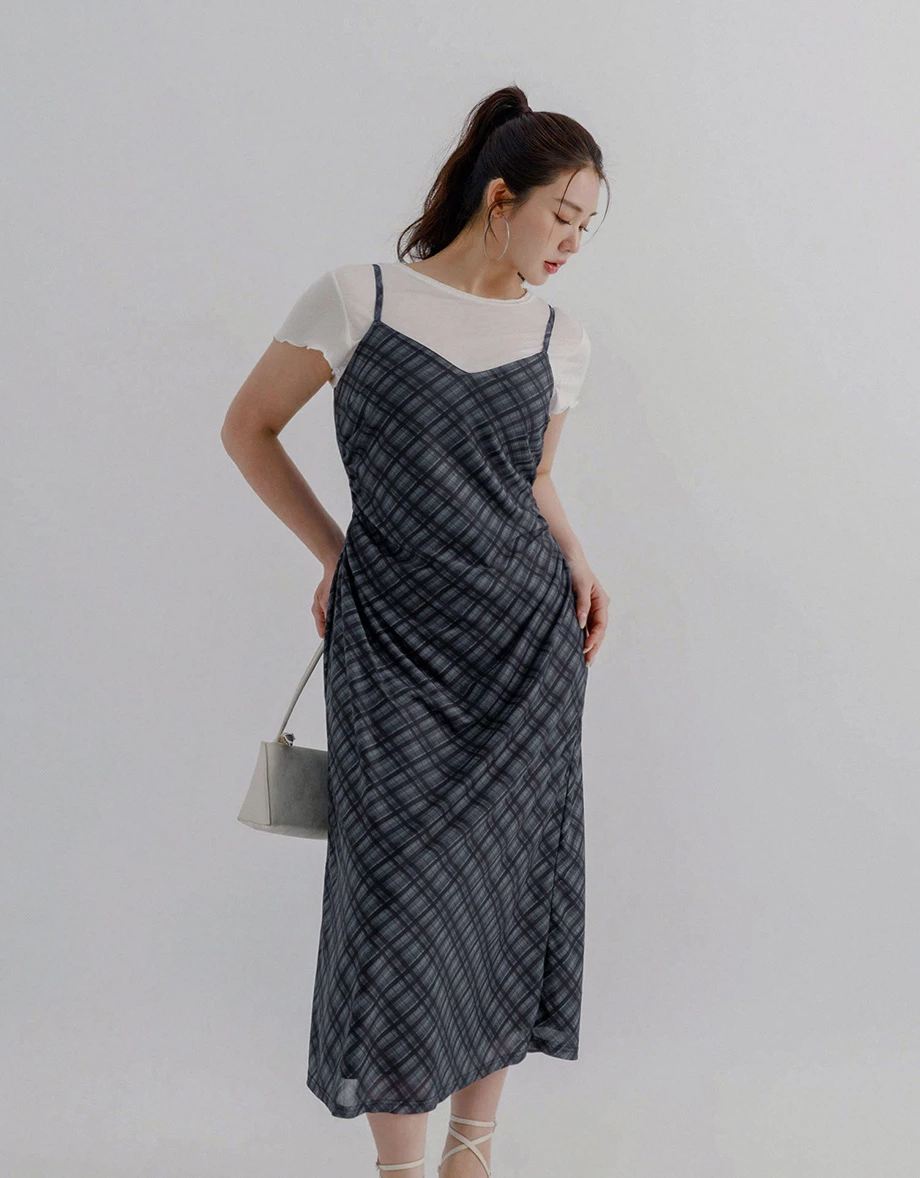 Spaghetti Straps Plaid Print Side Ruched Cami Maxi Dress Spaghetti Straps Plaid Print Side Ruched Cami Maxi Dress