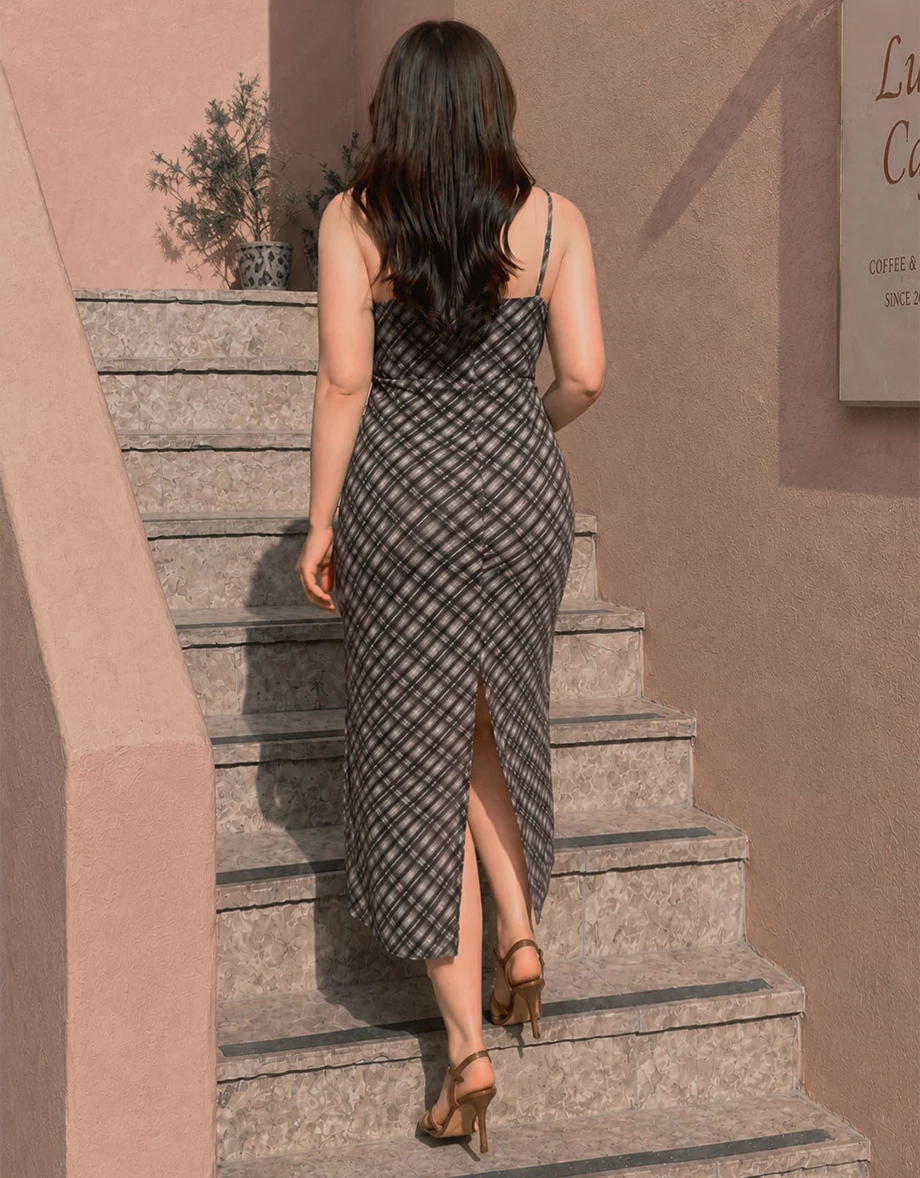Spaghetti Straps  Plaid Print Side Ruched Cami Maxi Dress
