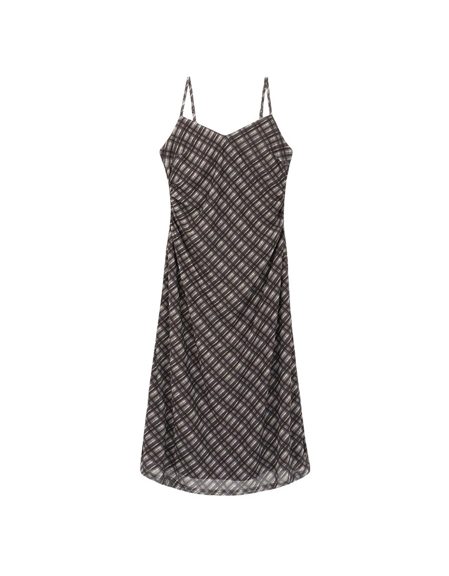 Spaghetti Straps  Plaid Print Side Ruched Cami Maxi Dress