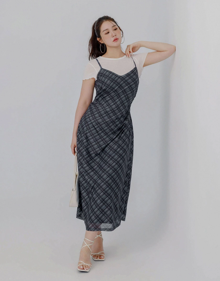 Spaghetti Straps  Plaid Print Side Ruched Cami Maxi Dress