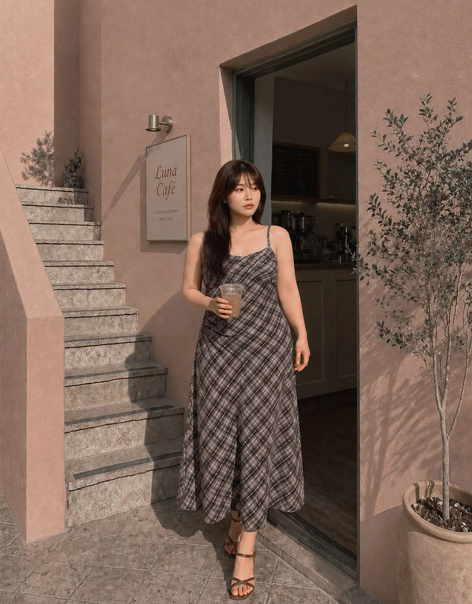 Spaghetti Straps Plaid Print Side Ruched Cami Maxi Dress Spaghetti Straps Plaid Print Side Ruched Cami Maxi Dress