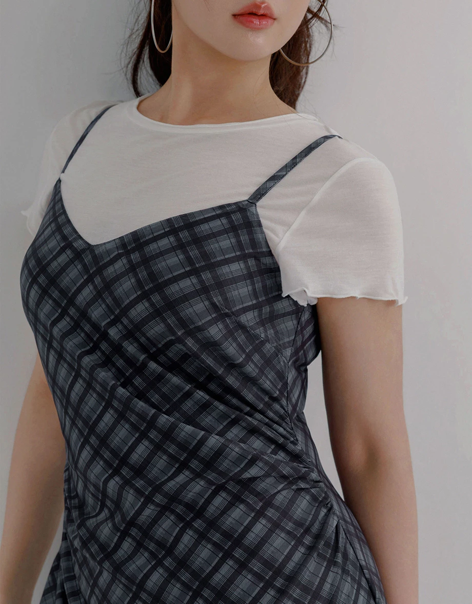 Spaghetti Straps  Plaid Print Side Ruched Cami Maxi Dress