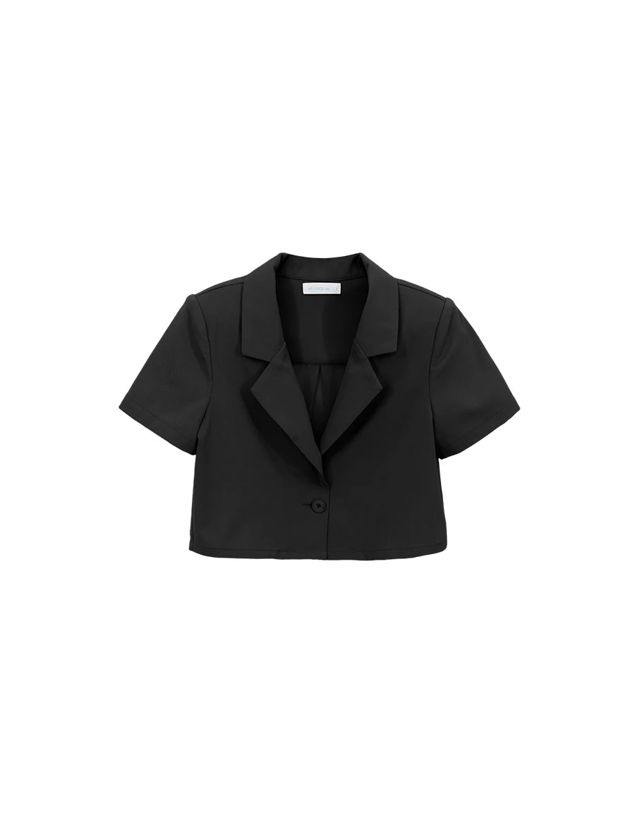 Sheer Back Notched Lapel Crop Blazer Jacket （with Soulder Pads)