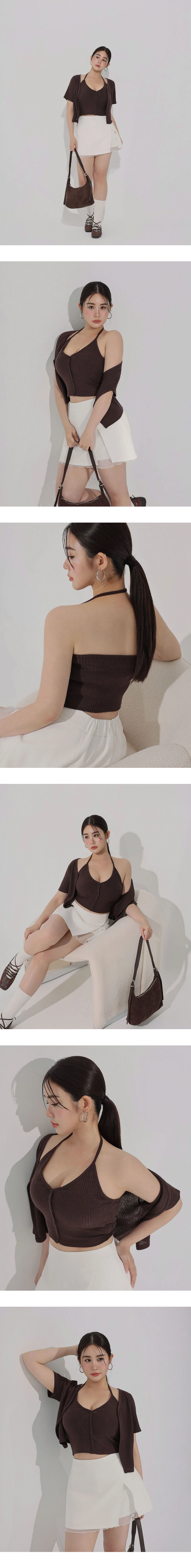 V領繞頸肩帶排扣BRA背心短袖開襟羅紋針織衫套裝