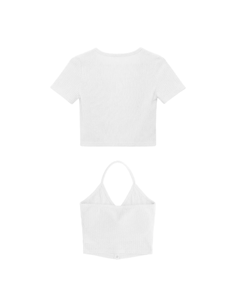 V領繞頸肩帶排扣BRA背心短袖開襟羅紋針織衫套裝